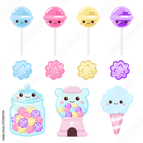 Cute colorful lollipop, cotton candy and konpeito in glass jar clip art