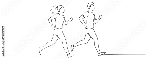 A man and a woman, wearing sportswear, running side by side. A fluid, single-stroke drawing. A simple and abstract illustration.