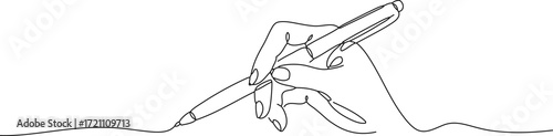 A hand holding a ballpoint pen, drawing a line. A ​​fluid, single-stroke drawing. A minimalist and abstract illustration.