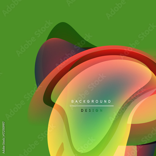 Abstract vibrant shapes overlap. Green background contrasts warm color palette. Modern design element, smooth gradients present.