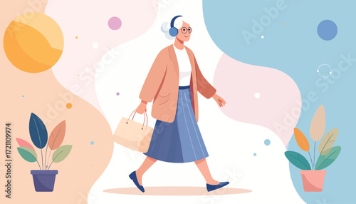 Active Senior Woman Walking Modern Illustration of an Elderly Lady in Daily Life