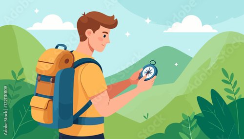 Adventurer Exploring Nature with Compass Discovering Direction, Mountains, and Journey of Discovery