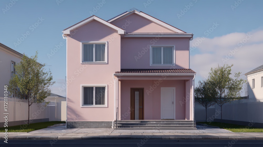 Fototapeta premium Dream Home's Modern Exterior: A picturesque two-story residence with a charming design and inviting ambiance, perfect for family life. The vibrant colors and meticulous details. 