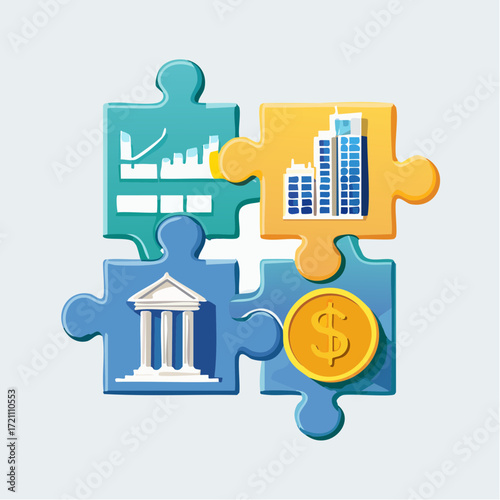 Financial business strategy concept illustrated by a puzzle with icons for banking, corporate growth, and investment