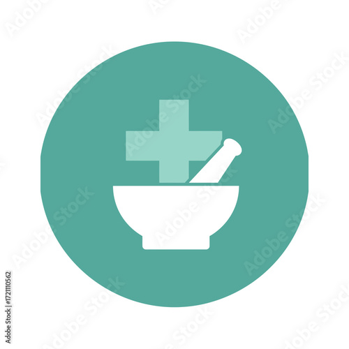 Pharmacy Mortar and Pestle Icon with Medical Cross Symbol for Traditional Health and Wellness Concepts
