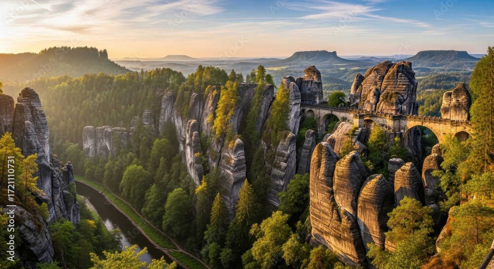 Obraz premium Bastei Bridge and rock formations view with Elbe river at Saxon Switzerland