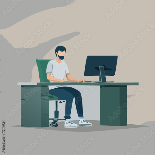 Focused young professional working diligently on his computer at a modern desk, embodying productivity and the evolving digital workspace