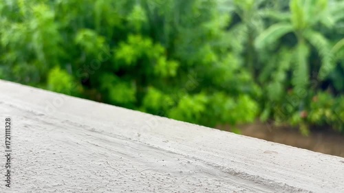 Close up white floor and raining green landscape background , video footage.
