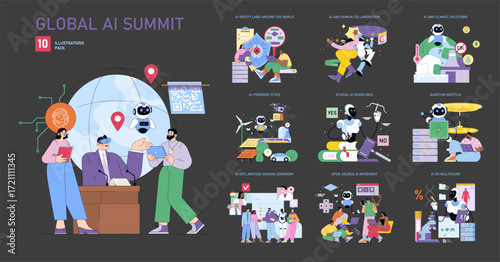 Global AI Summit Vector Illustration with Robot Panel