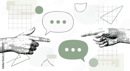 Dynamic hands pointing towards speech bubbles symbolize communication, ideas, and modern dialogue in a collage art style.