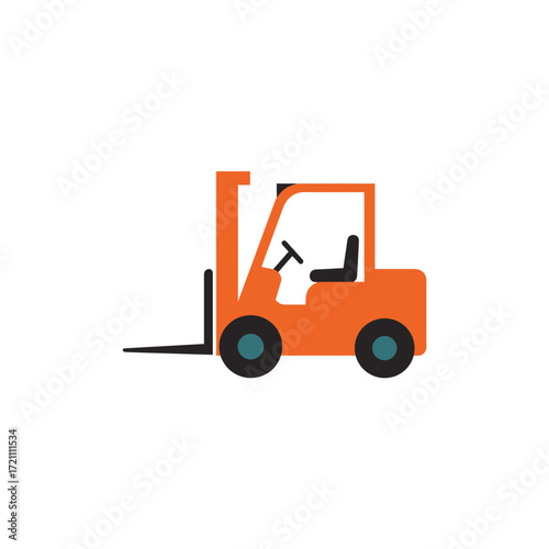 Flat design illustration of an orange industrial forklift truck, perfect for material handling and warehouse logistics operations