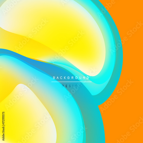 Abstract fluid shapes, vibrant colors blend. Orange, yellow, turquoise create dynamic visual effect. Modern design element.