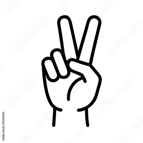 Minimalist black outline vector icon of a hand showing two fingers in a peace sign, symbolizing freedom, harmony, and victory. Isolated on a transparent background