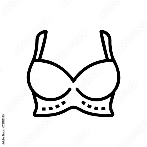 Minimalist black outline vector icon of a women’s bra, symbolizing lingerie, fashion, femininity, and intimate apparel. Isolated on a transparent background