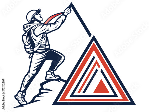 Silhouette of a climber reaching the mountain apex.