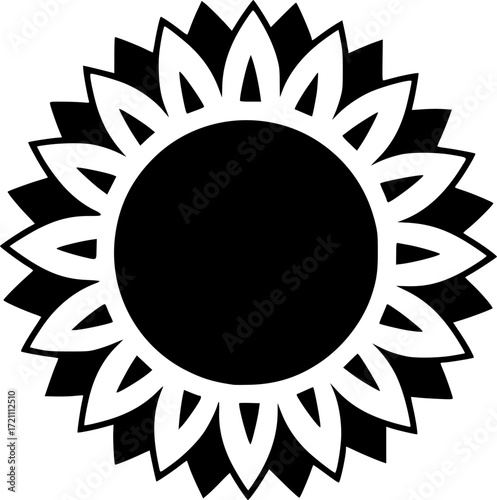a simple black and white sunflower icon with a circular center and pointed petals, vector illustration