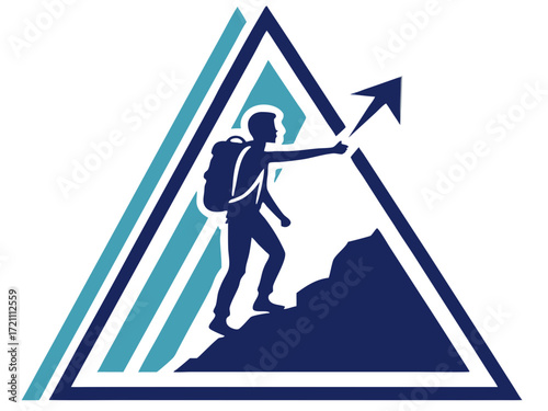 Silhouette of a climber reaching the mountain apex.