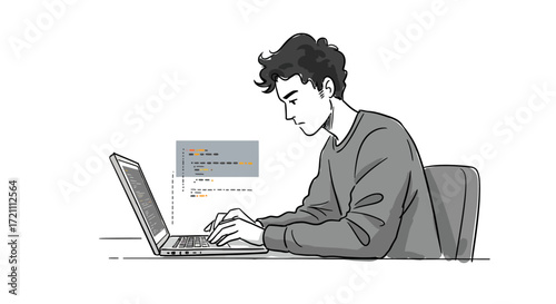 Focused Young Developer Coding on Laptop, Digital Work and Programming Illustration
