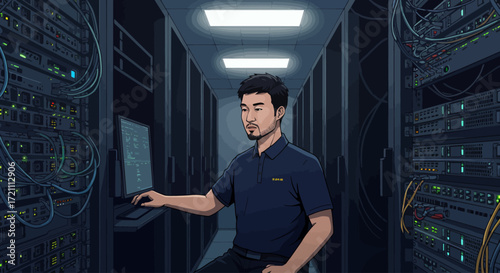Male IT professional managing advanced server racks in a futuristic data center