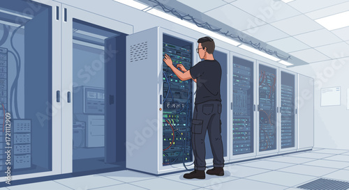 Server Room Technician Working on Network Equipment