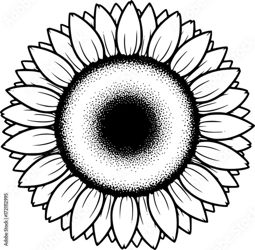 a simple black and white sunflower icon with a circular center and pointed petals, vector illustration