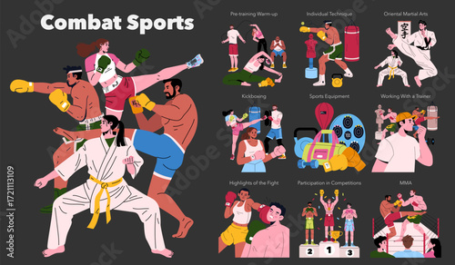 Combat Sports Illustration with Various Techniques
