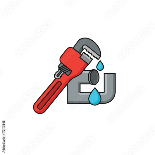 Plumbing repair service with an adjustable pipe wrench fixing a dripping grey pipe and blue water drops