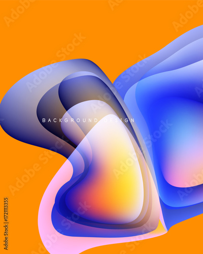 Abstract fluid shapes overlap, creating vibrant color gradients. Orange background complements blue, pink hues. Modern design element.