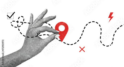 A hand delicately holds a red location pin, navigating a dotted path towards a goal.