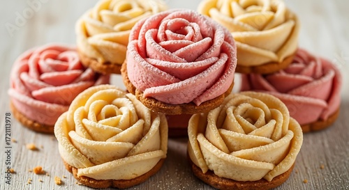 Delicate rose-shaped cookies, stacked in pastel pink and cream, boast intricate detail and a sweet, inviting presentation.