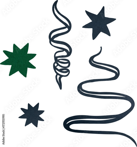 Vector watercolor illustration set of Christmas tree ornaments: serpentine, ribbon, tinsel, hanging pendant, and tree topper star