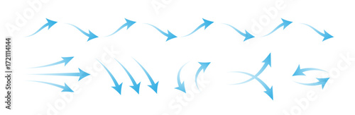 Dynamic air flow with arrow designs for ventilation and movement graphics. Blue curved pointers in different directions with streaming trails. Wind circulation symbols for technical diagrams.