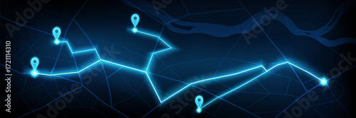 Futuristic GPS network with neon map and blue route for navigation technology. Landscape top view with glowing paths and location pins. Digital wayfinding interface for tracking or logistics systems.