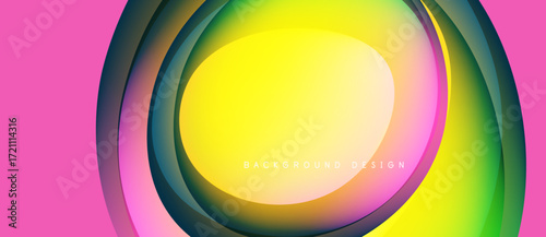 Abstract layers create vibrant circular design. Pink, yellow, green hues blend smoothly. Modern background element.