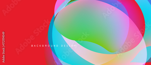 Abstract vibrant circles overlap, creating colorful gradients. Red dominates left side, design suggests movement, energy.