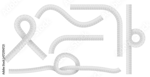 White rope collection with knot designs and twisted cord for nautical or decorative use. Braided fiber with loops, curves and straight sections with woven texture. Marine cordage elements for sailing.