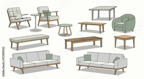A vector collection of modern living room furniture with a sofa, armchairs, and coffee tables in a clean, contemporary style.