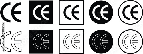 CE mark icon set in flat and line style. European Conformity certification, safety standard approval, product compliance and quality assurance vectors. EU for safety, health, environmental protection.