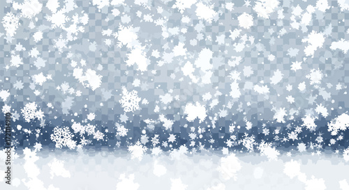 A winter background with a dense flurry of realistic falling snow and snowflakes, creating a border at the bottom against a blue backdrop.