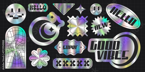 Holographic y2k vibe stickers set isolated on black background. Vector realistic illustration of iridescent round, square, flower shape patches with abstract icons, shiny silver foil tag, retro design