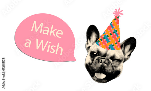 Trendy dog element for collage. Halftone happy winking french bulldog wearing checkered party hat and speech bubble with text Make a wish. Happy birthday celebration concept vector illustration