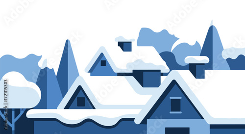 A cozy, flat design illustration of a small village at night with snow-covered rooftops and trees under a dark blue sky.