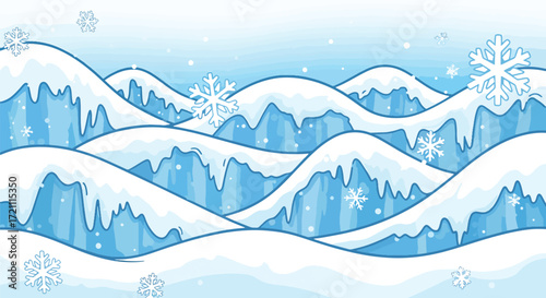 A seamless cartoon winter landscape with rolling snowy hills, snowdrifts, and a light blue sky, suitable for a game background.