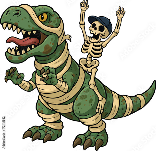 Spooky T-Rex Ride: A fun illustration of a mummy-wrapped T-Rex carrying a happy skeleton, ready for some halloween fun.