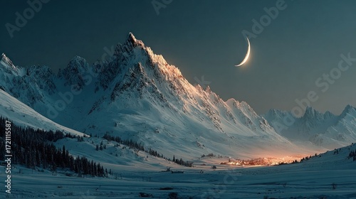 Crescent moon shining over snowy mountain valley at night