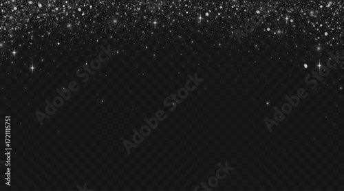 Silver glitter particles with shimmer effect on dark background for luxury or celebration design. Sparkling dust and bright stars scattered on gradient space. Elegant overlay for festive graphics.