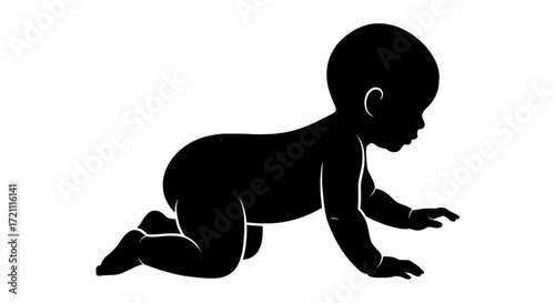 Silhouette of a crawling baby, black on white background.