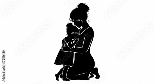 Silhouette of a mother kneeling and hugging her daughter tightly, conveying love and comfort.