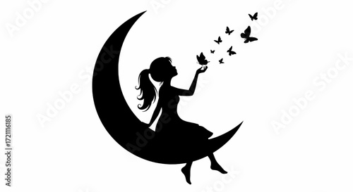 Silhouette of a girl sitting on a crescent moon, releasing butterflies.