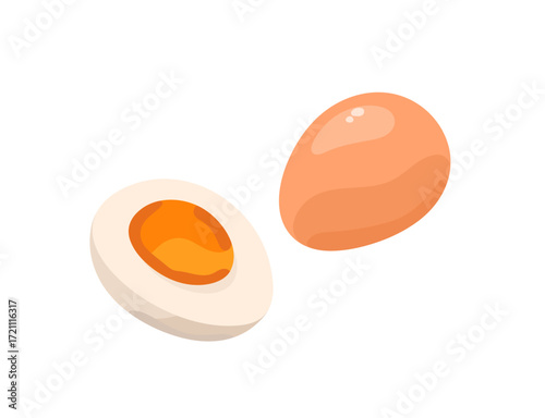Half of boiled chicken egg with yolk and whole uncooked in brown eggshell. Icon of healthy food, natural source of protein, farm eating, organic product. Flat isolated vector illustration on white
